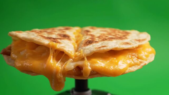 Cheesy toasted quesadilla with melting cheese slowly rotating on a bright green screen background for easy isolation