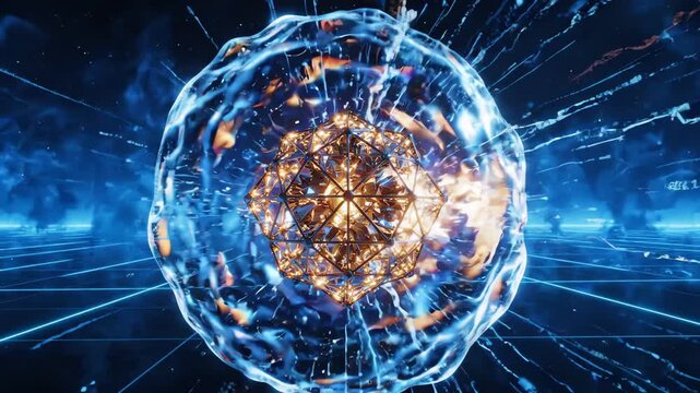Cinematic 3D animation of a generic glowing shield protecting a pulsing geometric lattice structure in a vast blue digital space