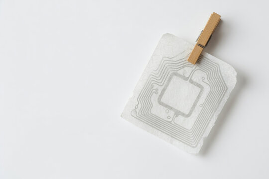 Rfid tag electronic label smart tag contactless technology wireless chip thin antenna sensor white background minimal copy space secure rfid tag electronic label Biodegradable electronics concept