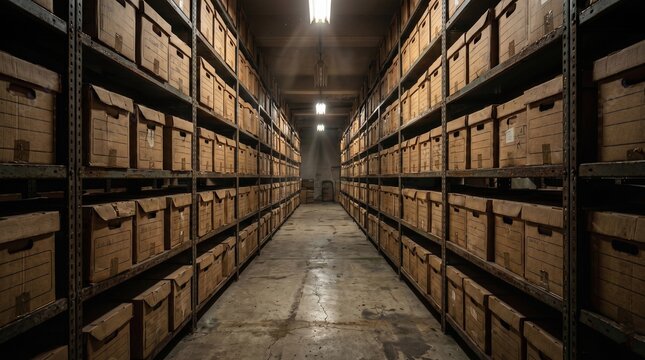 Storage room with cardboard boxes on shelves in archive