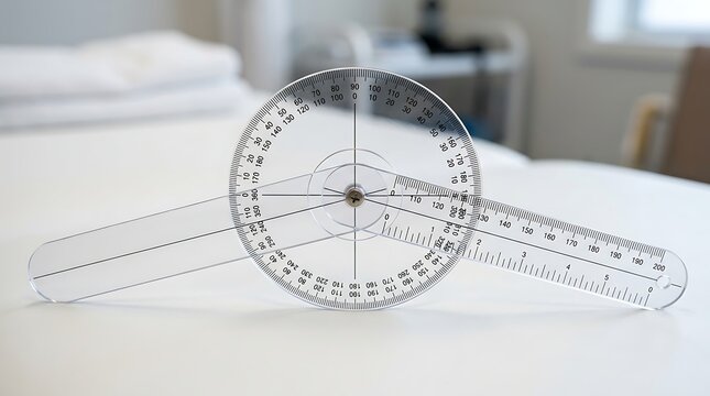 Transparent plastic goniometer measuring tool for physical therapy with medical clinical settings