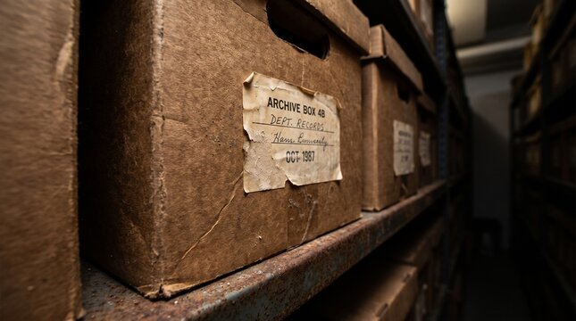 Cardboard archive boxes stacked on industrial storage shelves