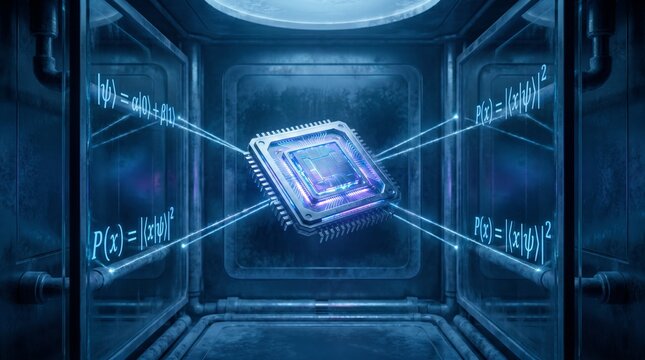 Quantum Computing Processor Chip Suspended in High-Tech Laboratory Chamber with Physics Formulas and Blue Neon Light
