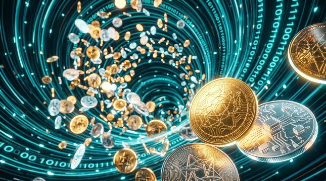 Cryptocurrency Coins Swirling in Digital Data Vortex with Binary Code and Glowing Light Trails