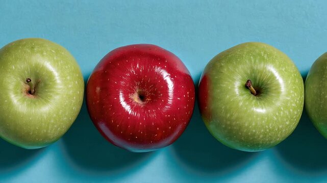 One Red Apple Standing Out Among Green Apples on Blue Background
