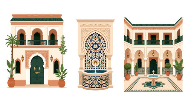 Moroccan Riad Architecture Collection with Courtyard and Decorative Fountain