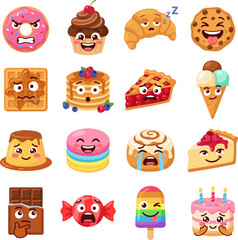 Fototapeta premium Cute dessert food emoji set with funny facial expressions, donut, cupcake, ice cream, pancakes, and cake cartoon vector illustration isolated on white background.