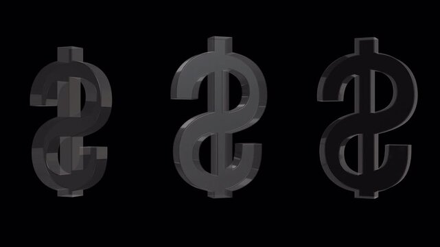 Transparent glass dollar symbols rotate and move across the frame with alpha channel. Financial overlay for money, banking, business and investment projects