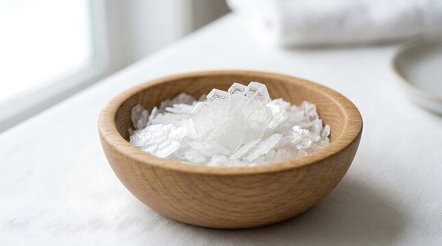 Natural sea salt crystals resting inside a minimalist wooden bowl on white fabric