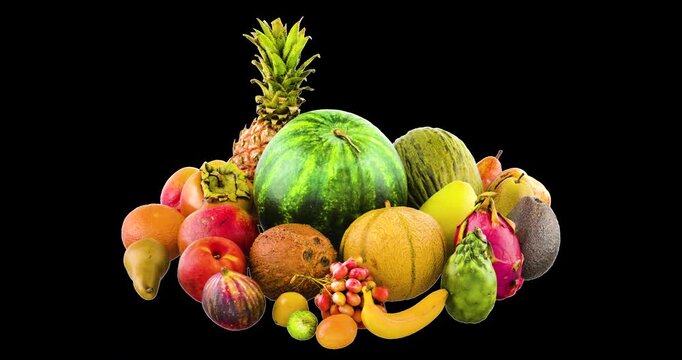 Fruits, fresh assorted rotation animation seamlessly loopable. 3D rendering isolated on transparent background