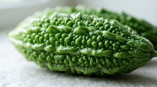 Fresh bitter melon vegetable with textured bumpy skin resting on a neutral surface