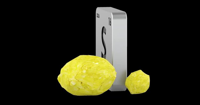 Sulfur chemical element with sulfur rocks rotation animation seamlessly loopable. 3D rendering isolated on transparent background