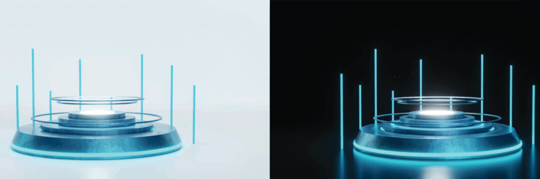 3D podium stage with glowing light rings and vertical beams platform technology futuristic abstract presentation illuminated geometric backdrop
