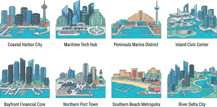 Coastal Smart City Skyline Vector Collection with Modern Waterfront Architecture and Marina Districts