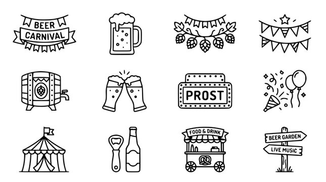 Hand-drawn Beer Festival Icons Set: Carnival, Barrel, Prost, Tent, Food Truck