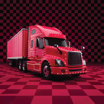 Red semi truck trailer vehicle with glowing led light outline on checkered background transport delivery logistics commercial transportation shipping