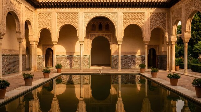 Intricate Moorish Archways and Reflective Pool in a Sunlit Courtyard