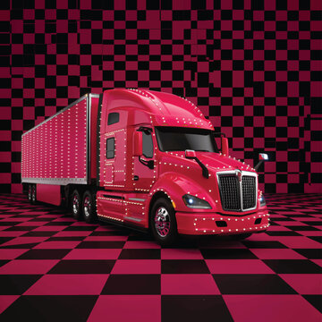 Pink transport truck on geometric magenta black checkered background with transport logistics delivery shipping commercial industrial illustration