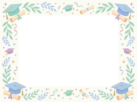 Colorful graduation border illustration with floral accents and caps for diplomas and certificates