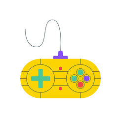 Vintage flat controller with yellow and purple button, retro gamepad joystick device. Icon of videogame console gadget, classic control device for game and video entertainment concepts. © Moonnoon