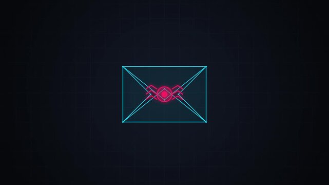 Digital Cyber Attack Alert Graphic Showing a Glowing Neon Envelope Icon Transforming into a Warning Symbol
