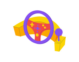 Modern cartoon video game wheel gamepad in flat style with bright violet and yellow elements. Pad and joystick controller as gadget stick create a y2k videogame technology accent for entertainment © Moonnoon