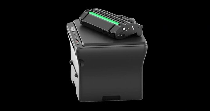 Black laser printer with toner cartridge rotation animation seamlessly loopable. 3D rendering isolated on transparent background