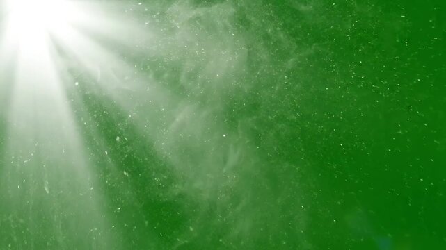 Cinematic volumetric sun rays and light beams shining through dust particles against a solid green screen background