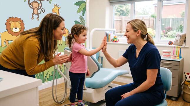 Happy Dentist Gives Young Patient High Five in Child Friendly Dental Clinic