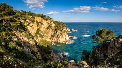 Fototapeta premium Sunlit Coastal Cliff Landscape with Blue Sea and Green Trees