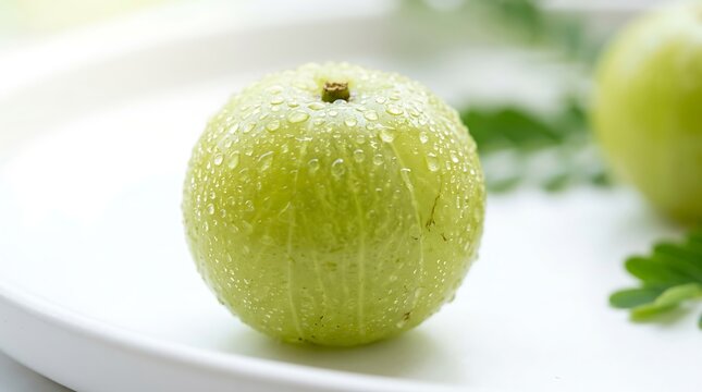 Fresh amla fruit with water droplets resting on a white ceramic plate surface