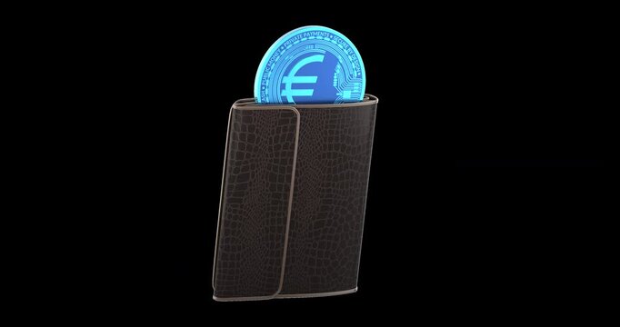 Digital euro wallet and digital euro coins rotation animation seamlessly loopable. 3D rendering isolated on transparent background