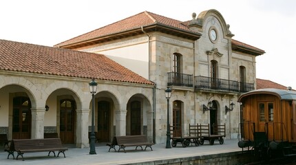 Obraz premium Rustic Train Station Exterior with Stone Architecture and Arched Walkways