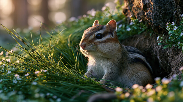 european chipmunk standing alert beside woodland burrow in lush spring meadow