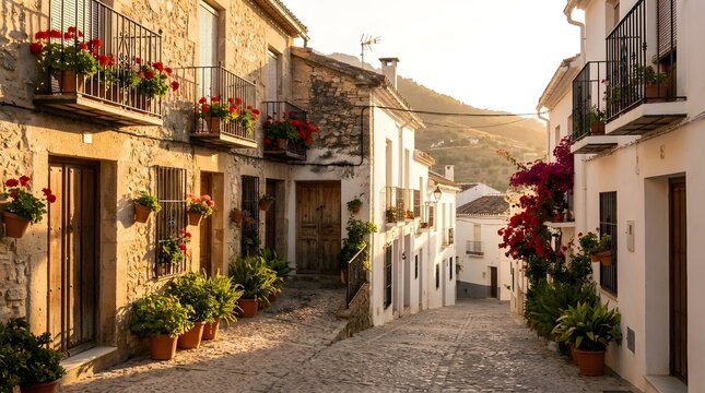 Sunny Rustic Street in White Stone Village with Flower Pots on Cobblestones