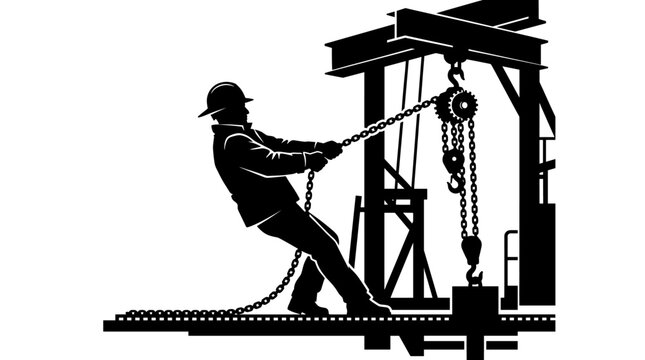 Industrial worker pulling chain hoist on heavy construction frame.