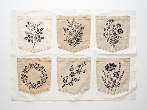Printed flower patterns on fabric pockets. Botanical hand stamp art on textile. Floral design, craftsmanship and creative hobby concept for hobbyist or home decor textile project.