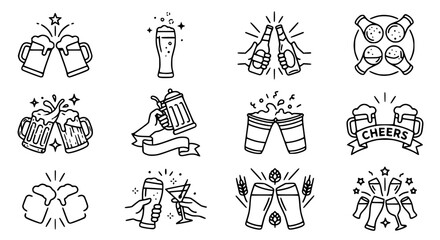 Fototapeta premium Beer Toast Icons: Cheers, Celebration, Clinking Glasses, Party & Drinks