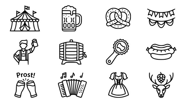 Oktoberfest Icons Set: Beer, Pretzel, Sausage, Dirndl, Accordion, Tent