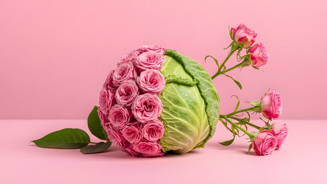Pink Rose Bouquet on Cabbage Like Arrangement