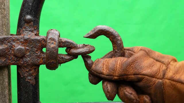 Close up of a rustic metal gate hook lifting out of an eye latch against a bright green screen background for chroma key editing