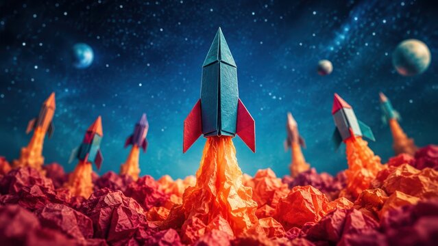 Origami rockets launching from a vibrant alien planet into space