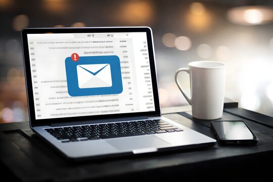 Laptop computer displaying blue email notification icon for digital marketing. Professional business communication technology and nice beautiful office setup for good workspace thing.