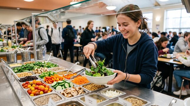 Teenage girl happily serving herself a fresh salad from a school cafeteria buffet line