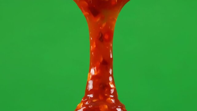 Close up of spicy red chili sauce dripping slowly down a solid green screen backdrop for visual effects