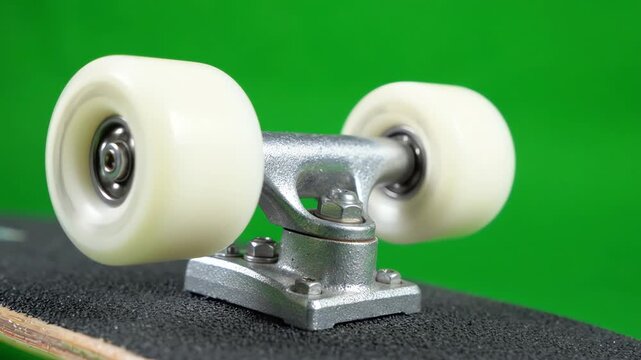 Close up of white polyurethane skateboard wheels spinning rapidly against a bright green screen background for chroma key compositing