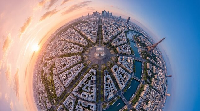 Aerial View of Paris at Sunset with Eiffel Tower