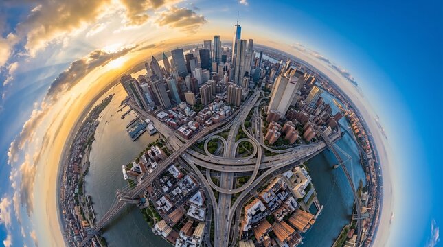 Manhattan Skyline Aerial View at Sunset with Fish Eye Lens