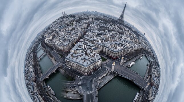 Paris Aerial View Eiffel Tower Cityscape Fish Eye Lens