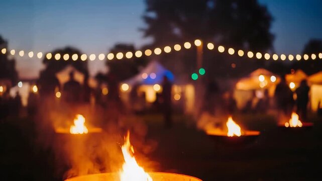 Outdoor bonfire at night festival during Dussehra celebration. People gathering around fire pits under glowing string lights. Night cultural event concept outdoors.